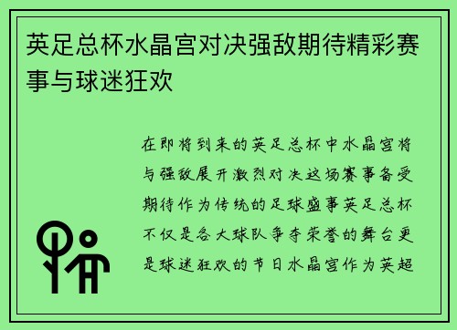 英足总杯水晶宫对决强敌期待精彩赛事与球迷狂欢