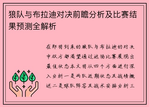 狼队与布拉迪对决前瞻分析及比赛结果预测全解析
